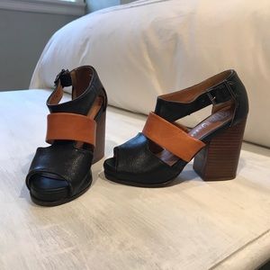 Jeffrey Campbell leather peep-toe chunky heels.